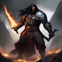 A brown-skinned orc paladin with long black hair and a black beard, wearing black armor