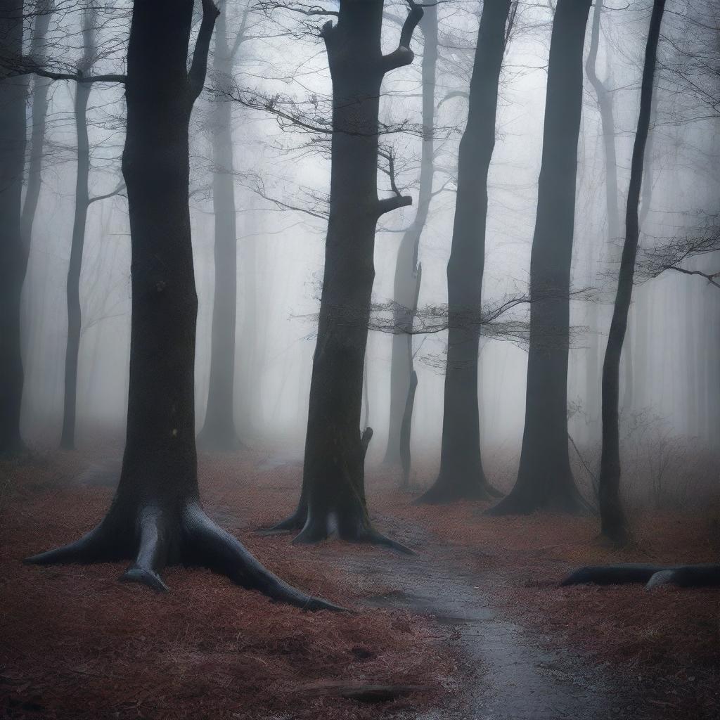 Create a dark fantasy scene set in moody woods