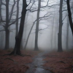 Create a dark fantasy scene set in moody woods