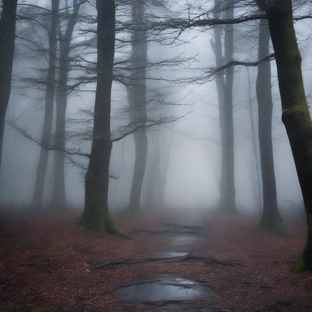 Create a dark fantasy scene set in moody woods