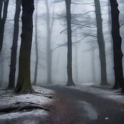 Create a dark fantasy scene set in moody woods