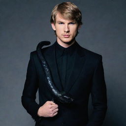 Male version of Taylor Swift, dressed in black aesthetics, holding a black snake.