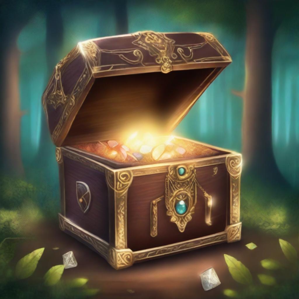 A beautifully illustrated book cover featuring a magical treasure chest surrounded by sparkling gems and ancient artifacts