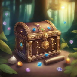 A beautifully illustrated book cover featuring a magical treasure chest surrounded by sparkling gems and ancient artifacts