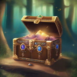 A beautifully illustrated book cover featuring a magical treasure chest surrounded by sparkling gems and ancient artifacts