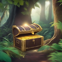 An adventurous scene in a dense jungle where explorers have discovered a hidden treasure chest