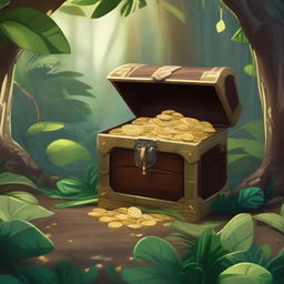 An adventurous scene in a dense jungle where explorers have discovered a hidden treasure chest