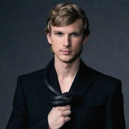 Male version of Taylor Swift, dressed in black aesthetics, holding a black snake.