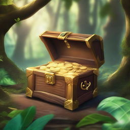 An adventurous scene in a dense jungle where explorers have discovered a hidden treasure chest