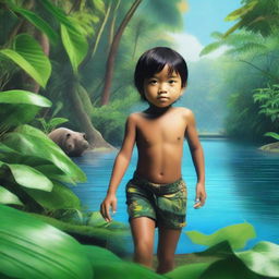 A young Indonesian child exploring a lush jungle near the ocean, searching for hidden treasure