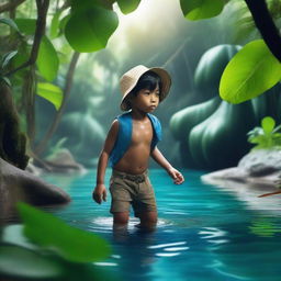 A young Indonesian child exploring a lush jungle near the ocean, searching for hidden treasure