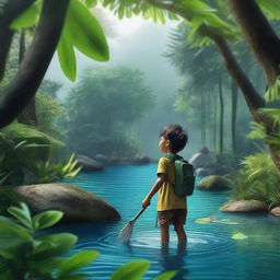 A young Indonesian child exploring a lush jungle near the ocean, searching for hidden treasure