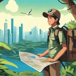 A teenage explorer from Indonesia embarking on a thrilling treasure hunt through dense jungle and across the vast ocean