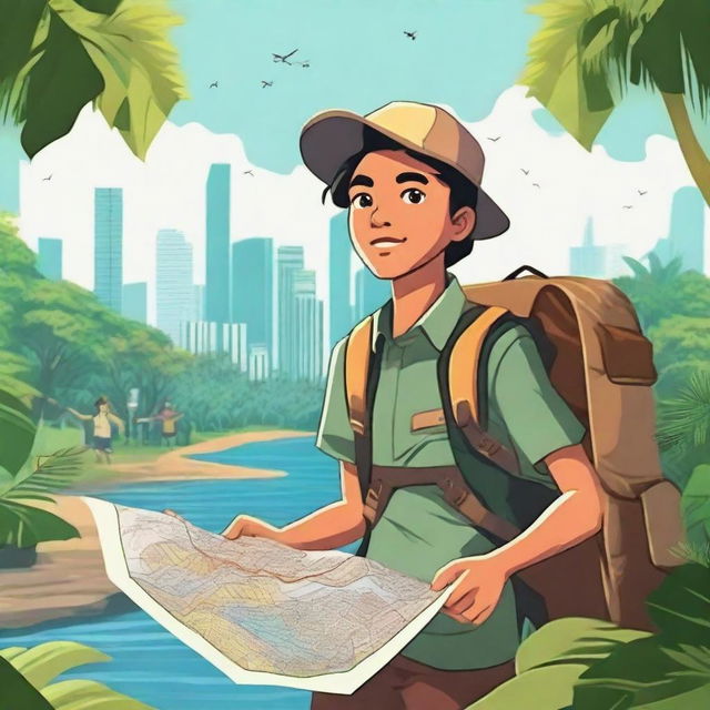 A teenage explorer from Indonesia embarking on a thrilling treasure hunt through dense jungle and across the vast ocean