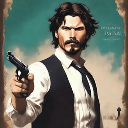 Illustrative book cover featuring a young man resembling a youthful Josh Hartnett as a young Mark Twain (John Wick-esque)