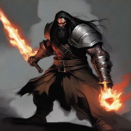 A brown orc paladin with long black hair and a black beard, wearing black armor