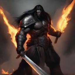 A brown orc paladin with long black hair and a black beard, wearing black armor