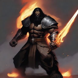 A brown orc paladin with long black hair and a black beard, wearing black armor