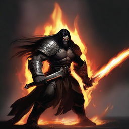 A brown orc paladin with long black hair and a black beard, wearing black armor