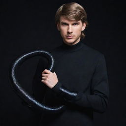 An animated depiction of a male Taylor Swift version, decked in a black aesthetic outfit, holding a black snake.