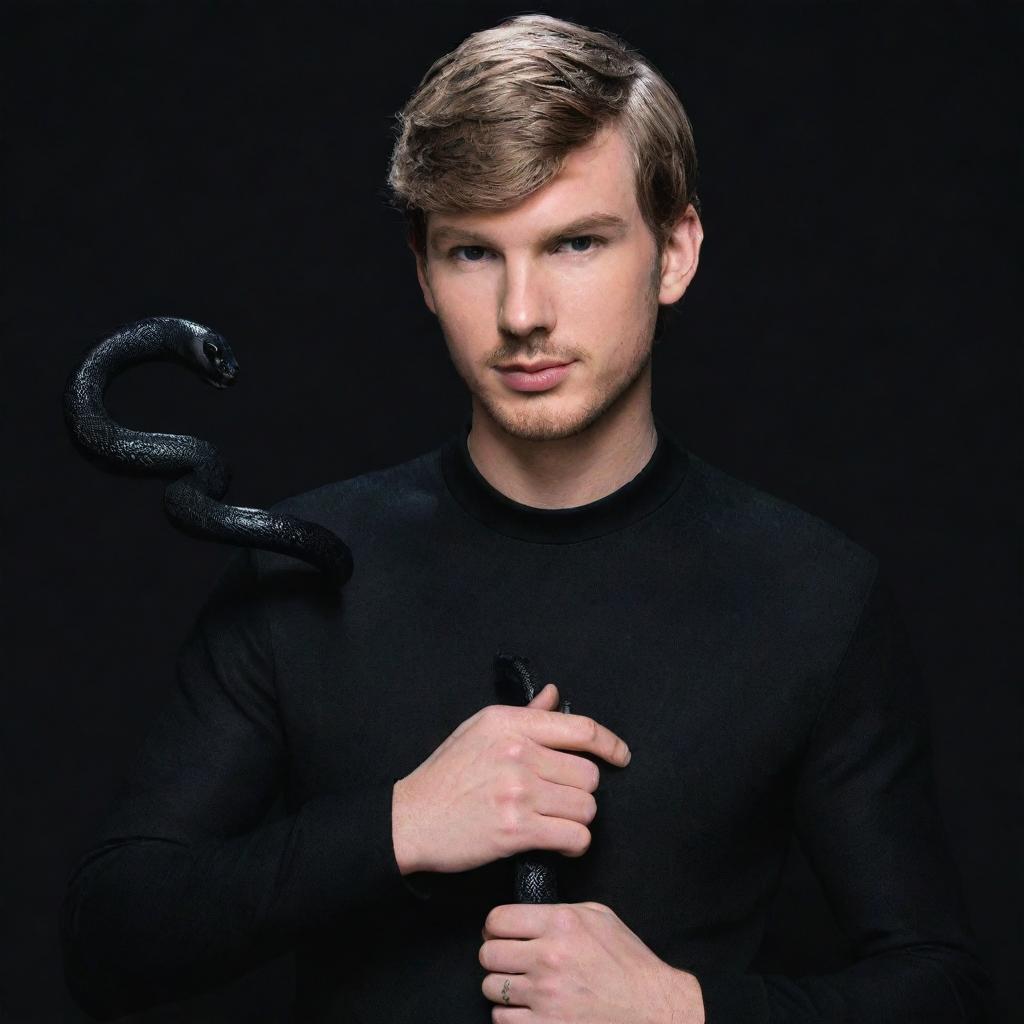 An animated depiction of a male Taylor Swift version, decked in a black aesthetic outfit, holding a black snake.