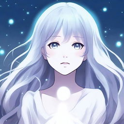 A high-quality anime-style illustration of a ghost girl with a beautiful face, featuring ethereal, flowing hair and a serene expression