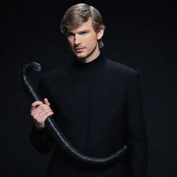 An animated depiction of a male Taylor Swift version, decked in a black aesthetic outfit, holding a black snake.