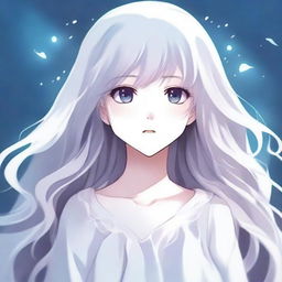 A high-quality anime-style illustration of a ghost girl with a beautiful face, featuring ethereal, flowing hair and a serene expression