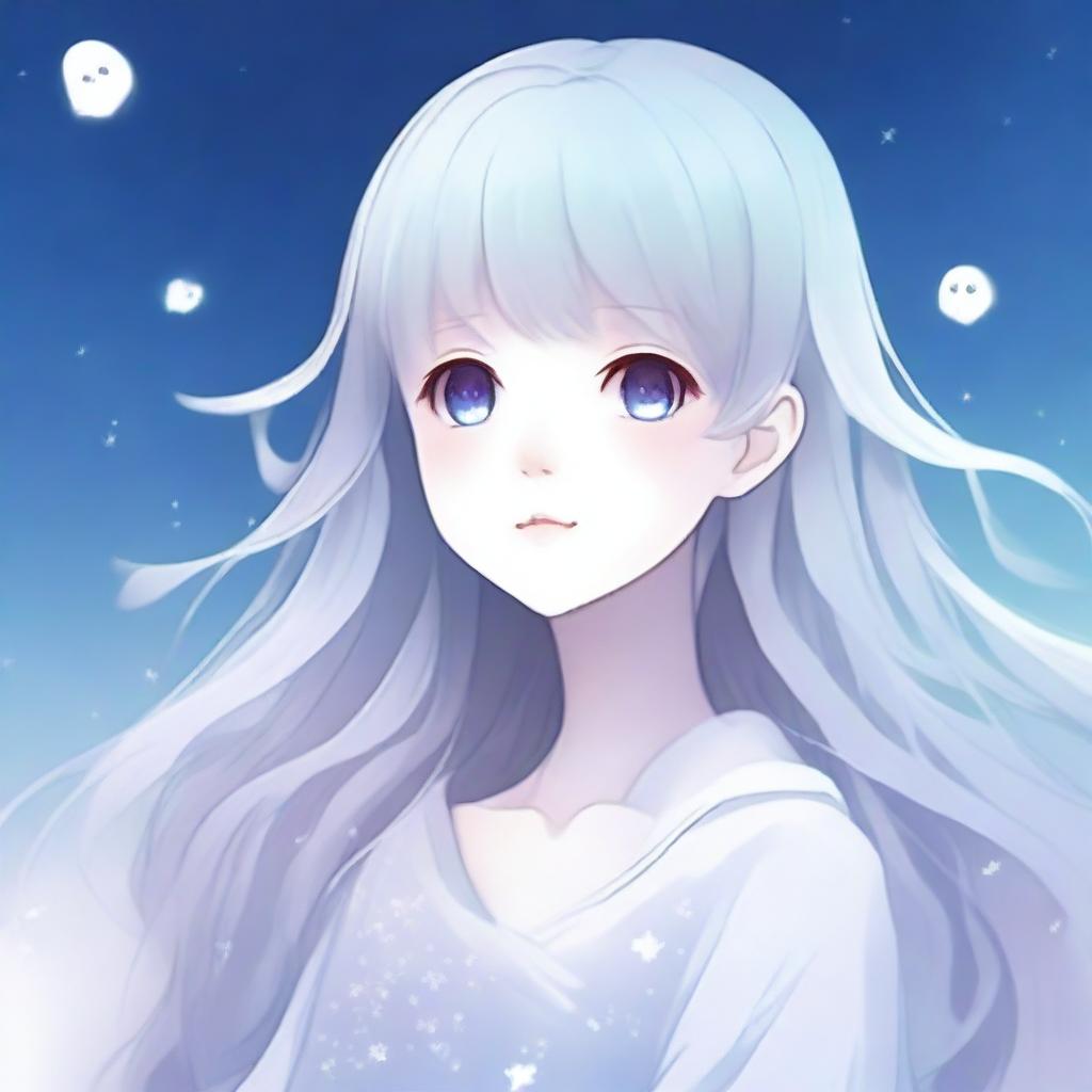 A high-quality anime-style illustration of a ghost girl with a beautiful face, featuring ethereal, flowing hair and a serene expression