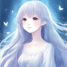 A high-quality anime-style illustration of a ghost girl with a beautiful face, featuring ethereal, flowing hair and a serene expression