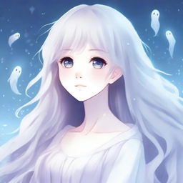 A high-quality anime-style illustration of a ghost girl with a beautiful face, featuring ethereal, flowing hair and a serene expression