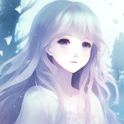 A high-quality anime-style illustration of a ghost girl with a beautiful face, featuring ethereal, flowing hair and a serene expression