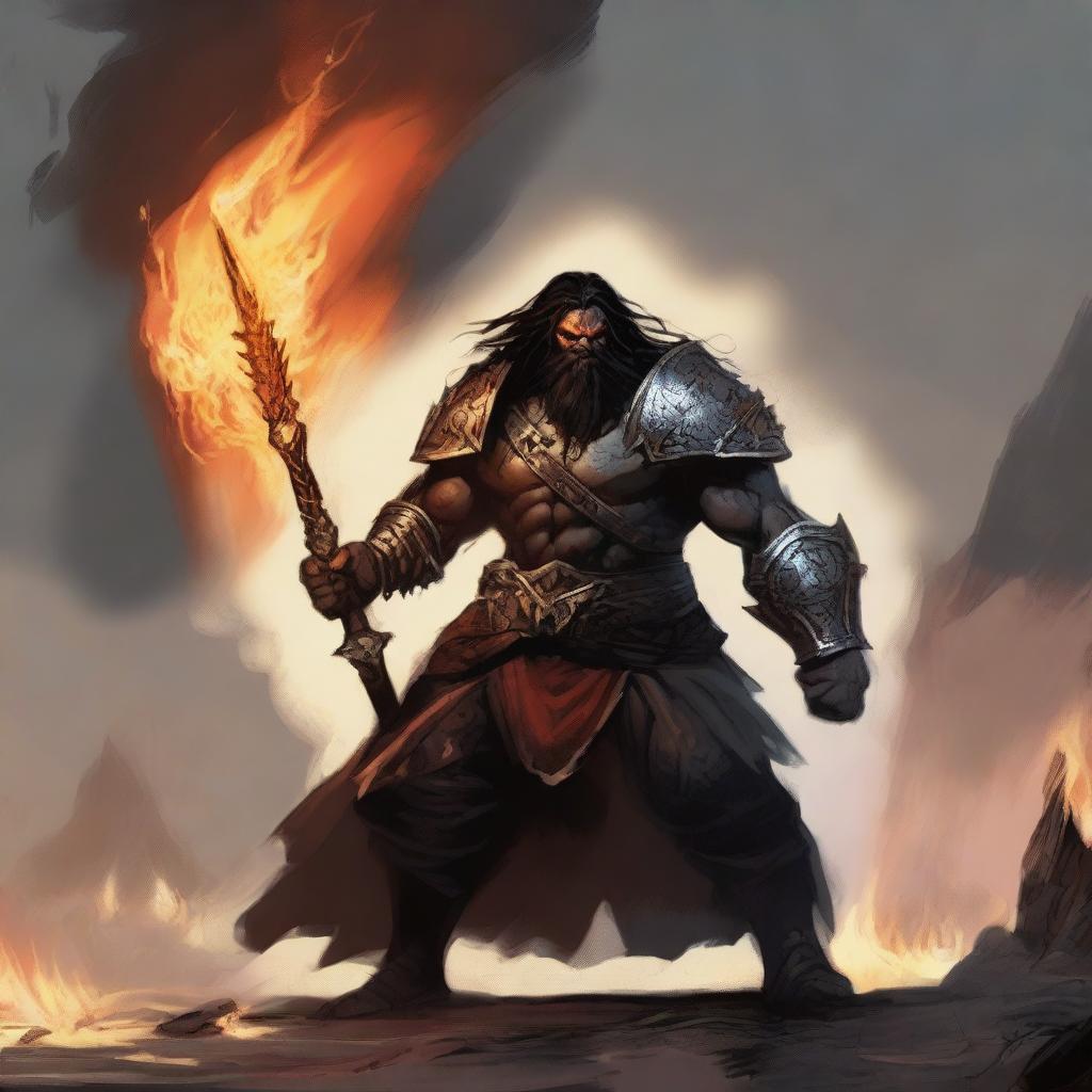 A brown orc paladin with long black hair and a black beard, clad in black armor