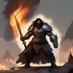 A brown orc paladin with long black hair and a black beard, clad in black armor