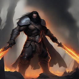 A brown orc paladin with long black hair and a black beard, clad in black armor