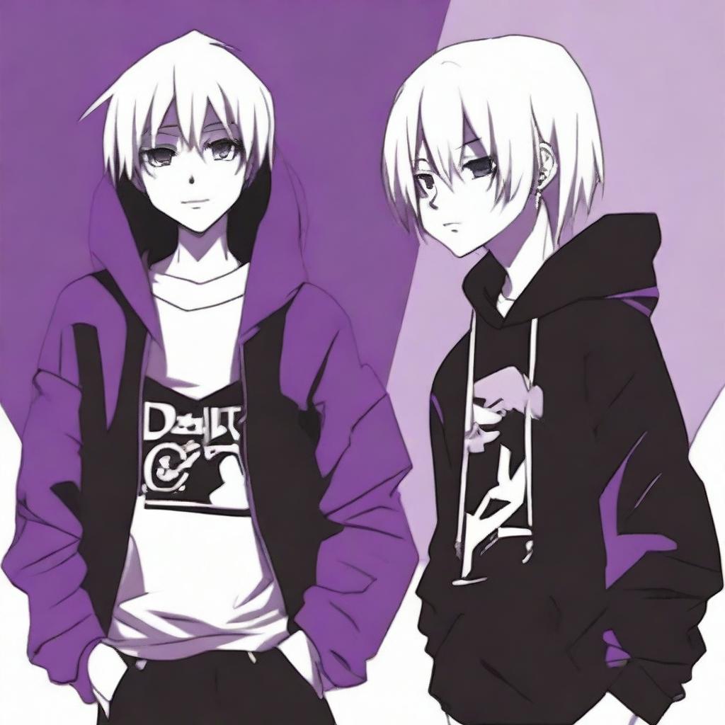 An anime-style image featuring two boys with a black and purple background