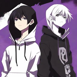 An anime-style image featuring two boys with a black and purple background