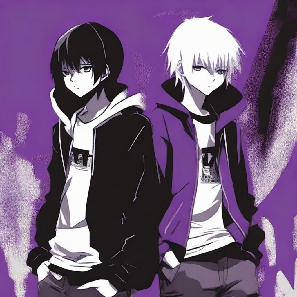 An anime-style image featuring two boys with a black and purple background