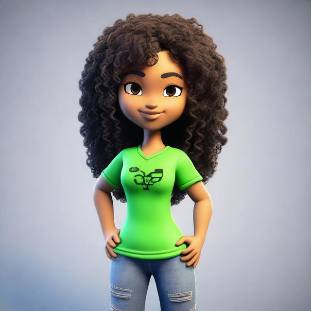 A cute 3D model of a girl with brown skin, curly hair, and a slim waist