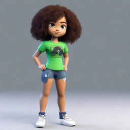 A cute 3D model of a girl with brown skin, curly hair, and a slim waist