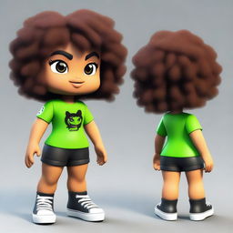 A cute 3D model of a girl with brown skin, curly hair, and a slim waist