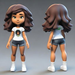 A cute 3D model of a girl with brown skin, curly hair, and a slim waist