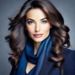 Create an image of a woman wearing a black scarf and a blue jacket, depicted as more sexy