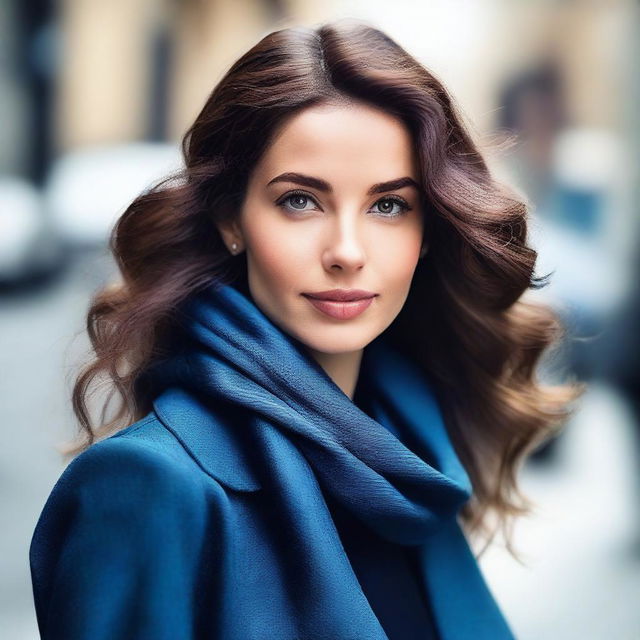 Create an image of a woman wearing a black scarf and a blue jacket, depicted as more beautiful and elegant