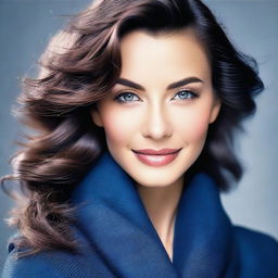 Create an image of a woman wearing a black scarf and a blue jacket, depicted as more beautiful and elegant