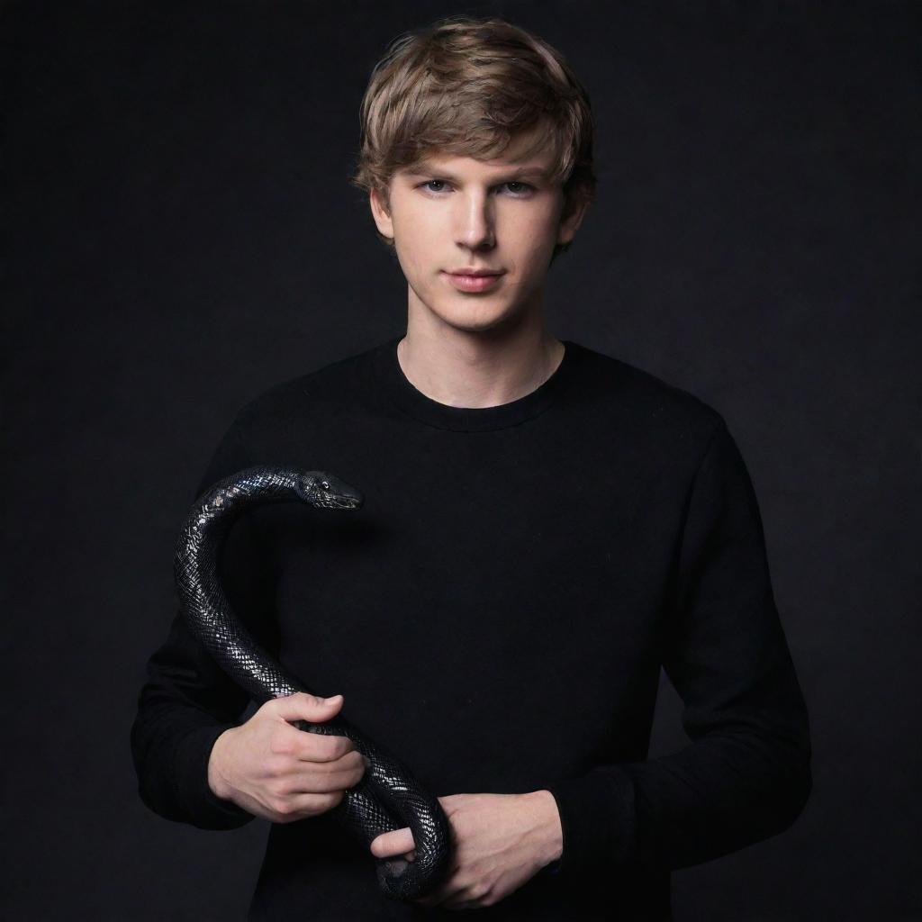 Animated teenage male version of Taylor Swift, dressed in a black aesthetic, holding a black snake.