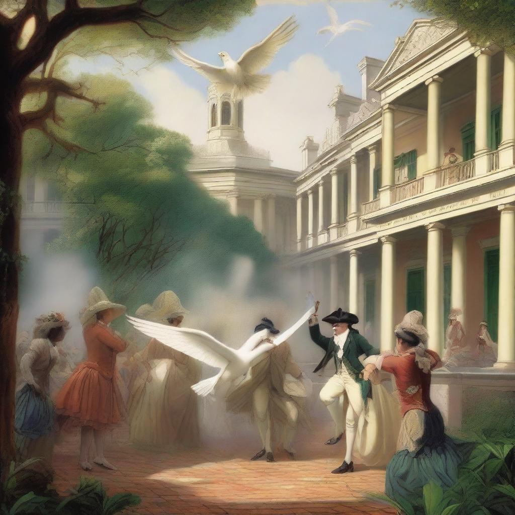 A dramatic scene set in Jackson Square, New Orleans in the 1780s, featuring a majestic white celestial bird crashing from the sky