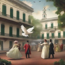 A dramatic scene set in Jackson Square, New Orleans in the 1780s, featuring a majestic white celestial bird crashing from the sky