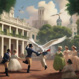 A dramatic scene set in Jackson Square, New Orleans in the 1780s, featuring a majestic white celestial bird crashing from the sky