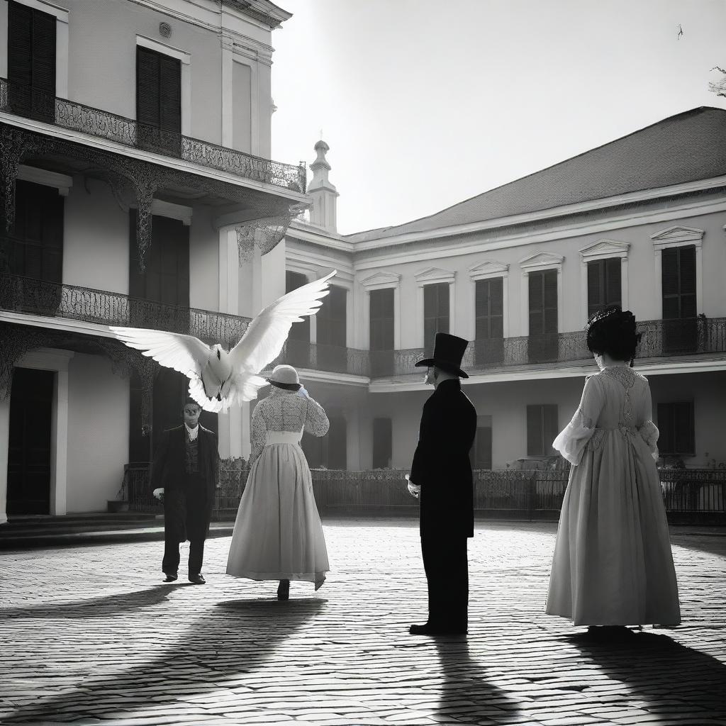 A dramatic early morning scene set in Jackson Square, New Orleans in the 1780s